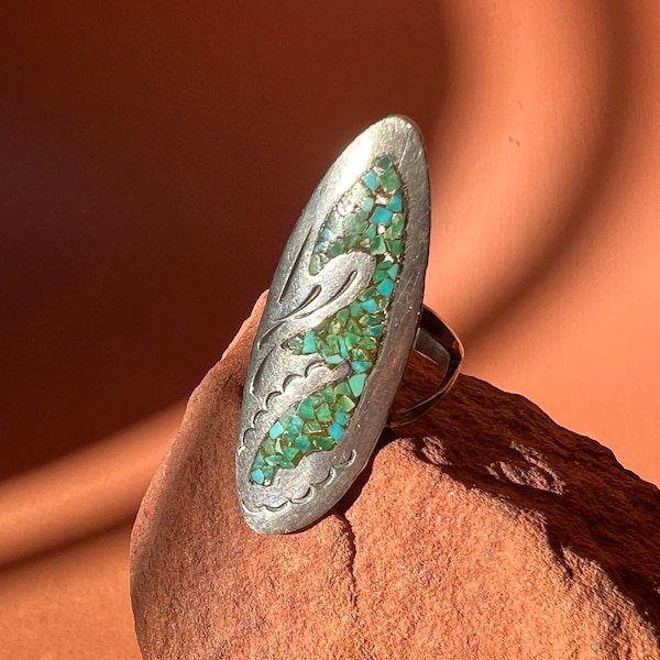Navajo Long Sterling Crushed Turquoise Inlay Mosaic ring by James Nezzie size 6.5