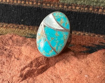 Navajo Norman Lee Turquoise and Mother of Pearl Fishscale Inlay Ring size 10