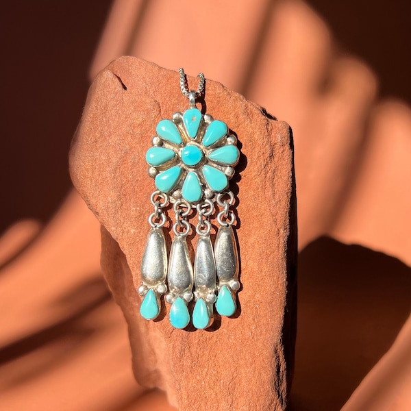 Turquoise Cluster Sterling Fringe Large Pendant Necklace | Native American Turquoise Petit Point Flower Pendant