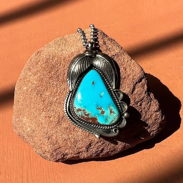 Navajo Turquoise Sterling Pendant and Circle Link Chain Necklace | Native American Turquoise Pendant