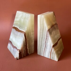 Large Onyx Wedge Bookends | Modernist Green and Brown Banded Onyx Stone Bookends