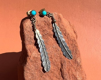 Sterling Snake Eye Turquoise Feather Dangle Earrings