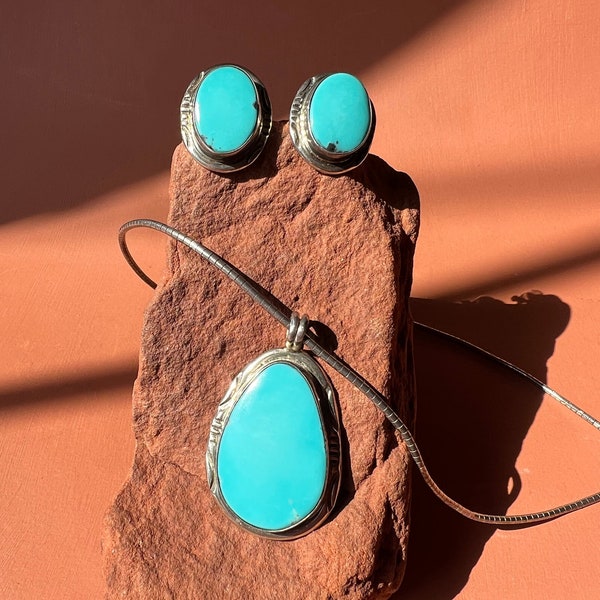 Navajo Herbert Tsosie Turquoise Pendant and Earrings