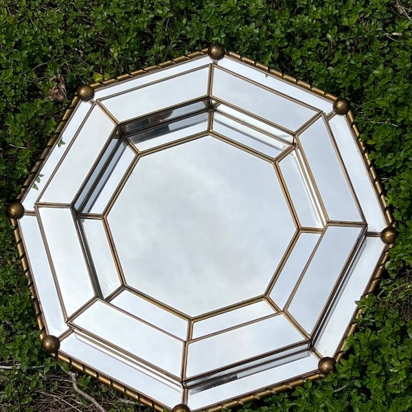 Mexico Bevel Facet Mirror with Golden Brass Accents | Hollywood Regency Octagon Beveled Mirror