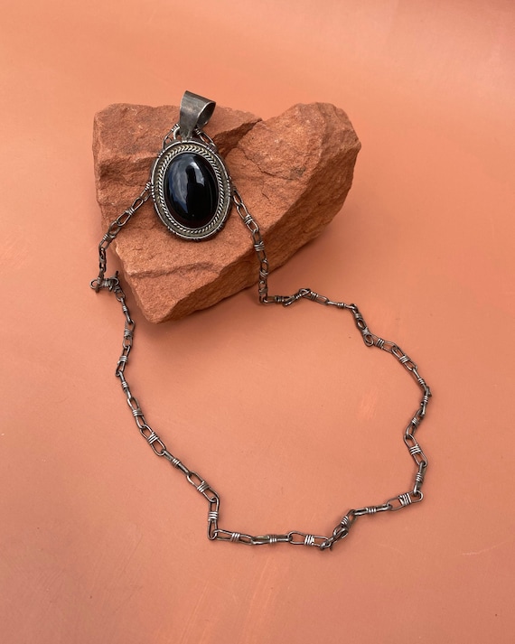 Navajo Sterling Black Jet Pendant and Handmade Sterling Chain by