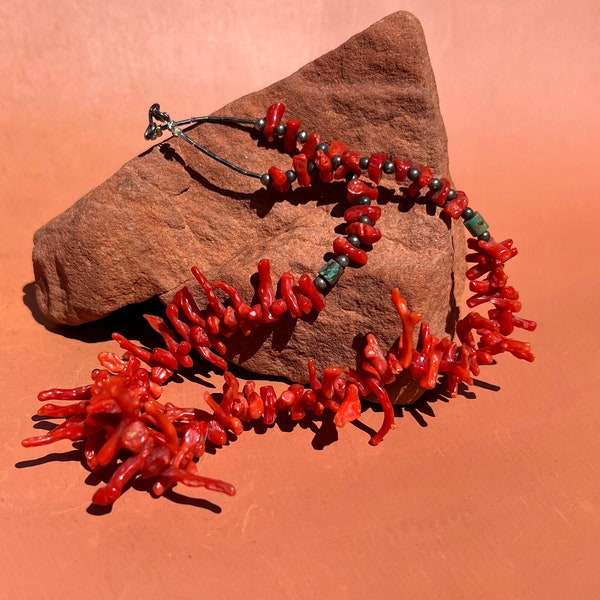 Red Coral Branch and Turquoise Heishi Necklace | Native American Red Coral Nugget Necklace with Silver Beads