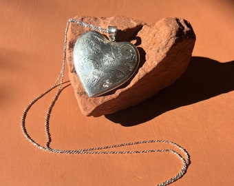 Oversized Sterling Heart Pendant and Extra Long Chain Necklace | Extra Large Big Etched Puffy Heart Pendant Necklace