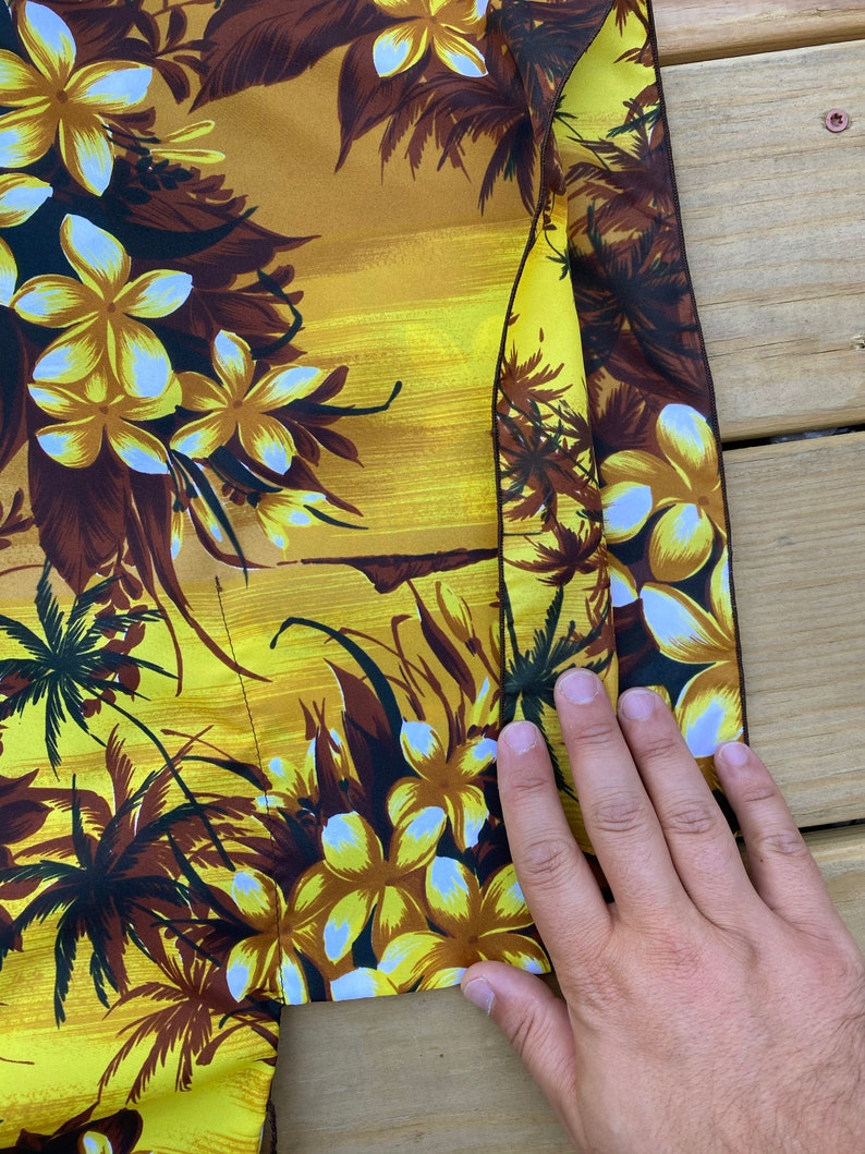 Boxy Hawaiian made brown and yellow plumeria floral print blouse Vintage kimono sleeve Aloha box top