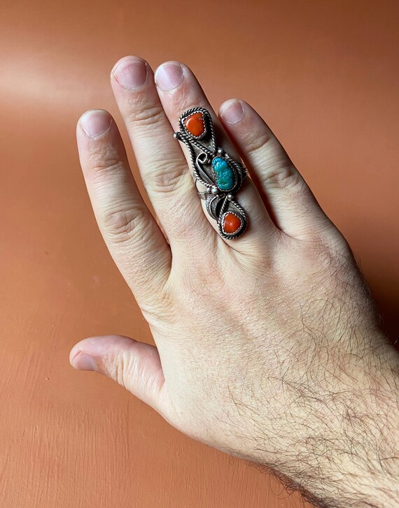 Navajo Long Triple Stone Turquoise and Coral Old … - image 9