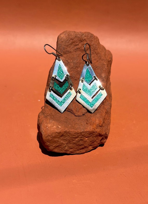 Taxco Sterling Turquoise Mosaic Dangle Earrings | 