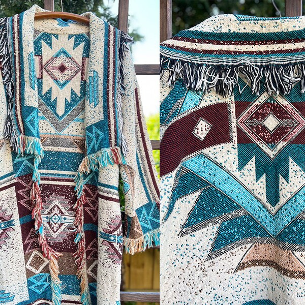 Southwestern Fringe Tapestry Jacket | Long Southwestern Fringed Blanket Coat