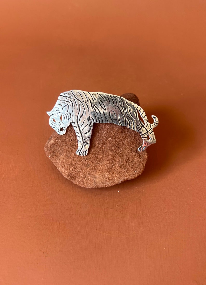 Taxco Sterling Tiger Pin Mexican Silver Tiger Brooch image 4