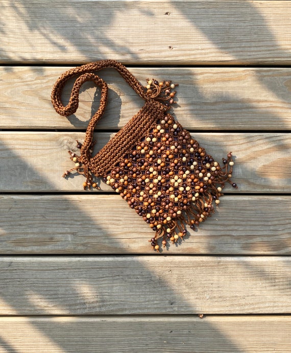 Vintage 1970s macrame wood bead fringe purse | 70s