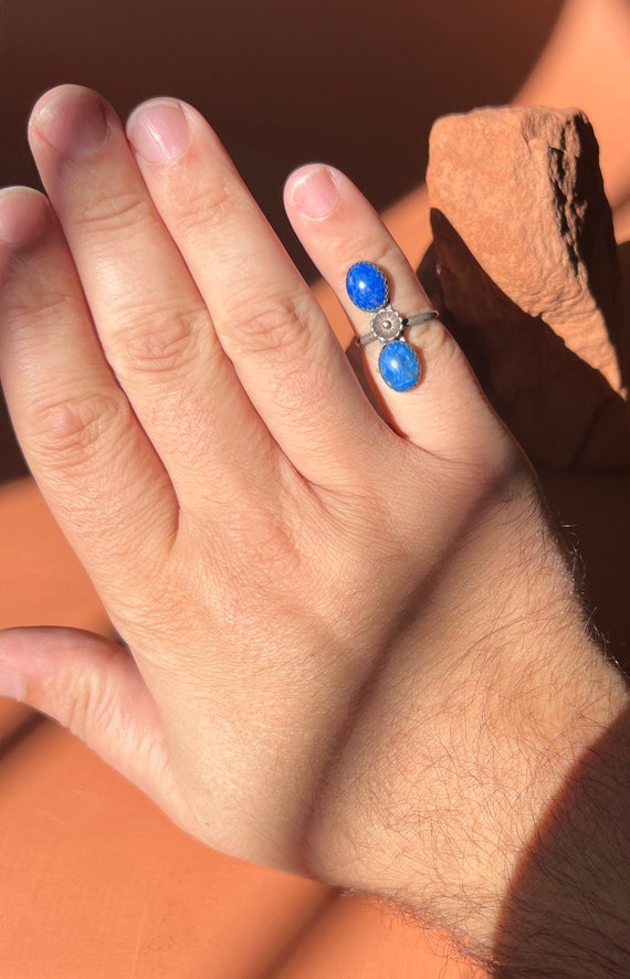 Native American Double Lapis Ring with Blossom De… - image 8