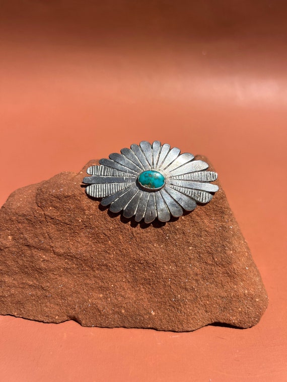 Navajo Cast Sterling Turquoise Concho Brooch