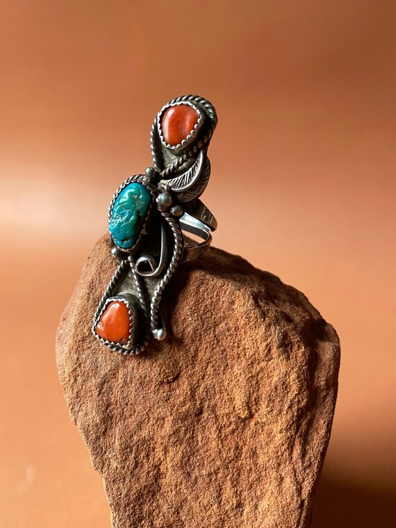 Navajo Long Triple Stone Turquoise and Coral Old … - image 3