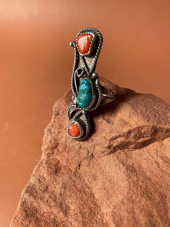 Navajo Long Triple Stone Turquoise and Coral Old … - image 1