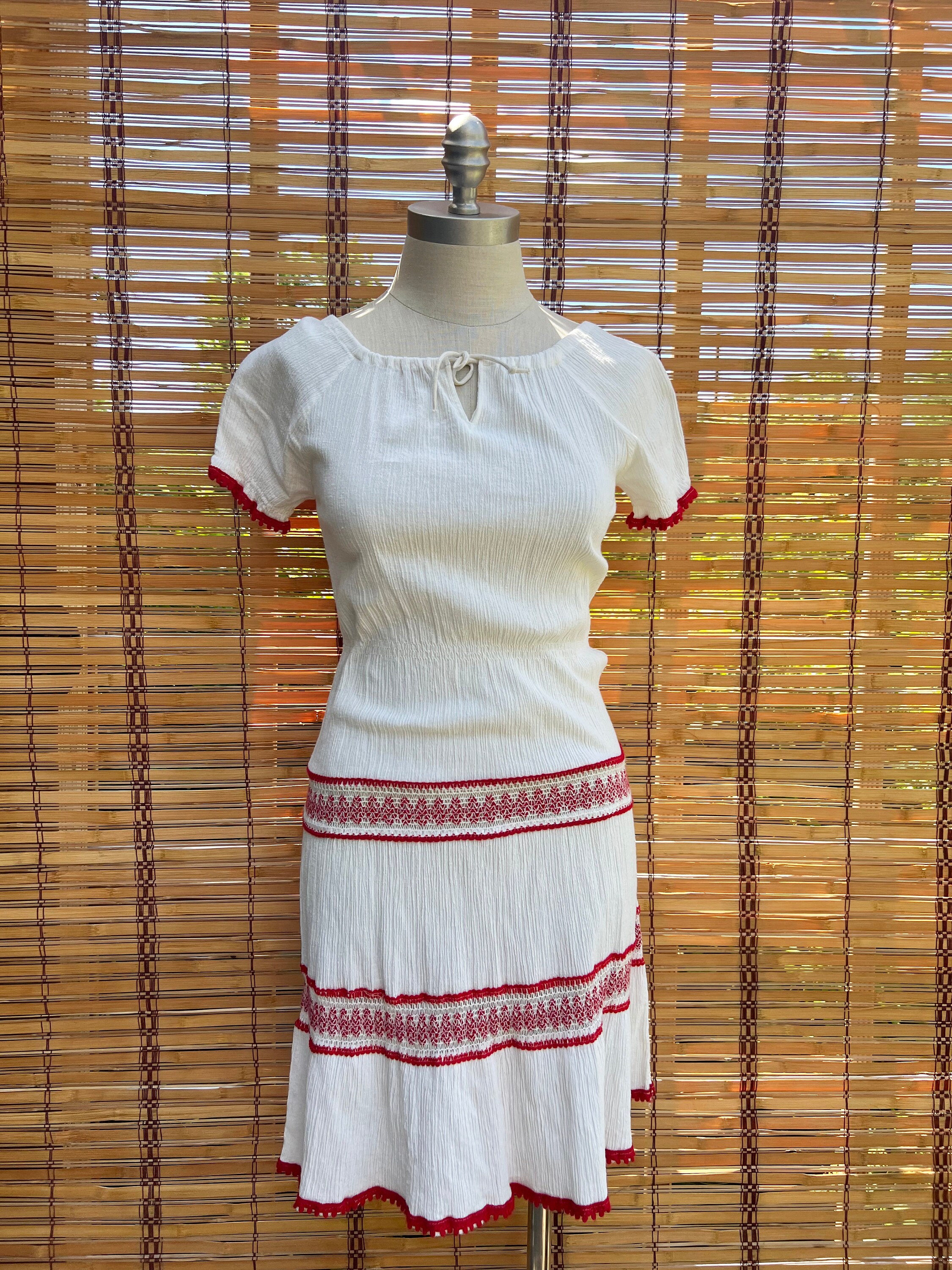 Grecian Gauze Dress With Red Crochet Trim Size S Vintage Etsy