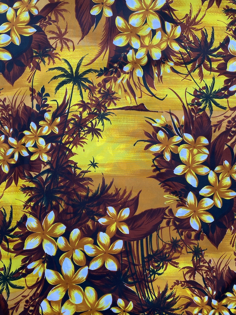 Boxy Hawaiian made brown and yellow plumeria floral print blouse Vintage kimono sleeve Aloha box top