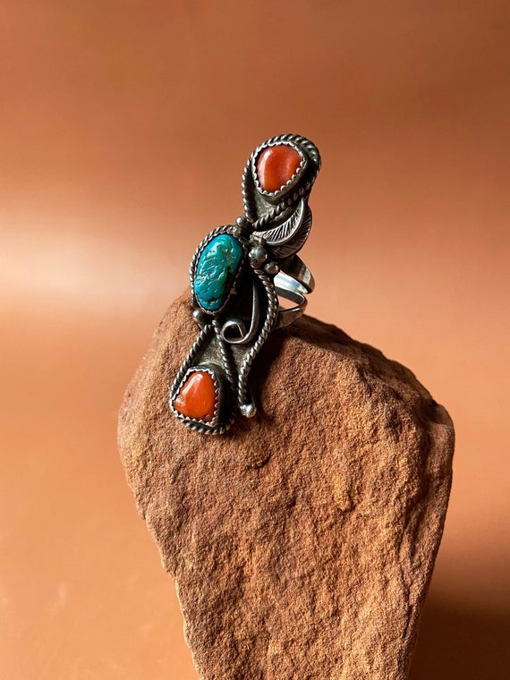 Navajo Long Triple Stone Turquoise and Coral Old … - image 2