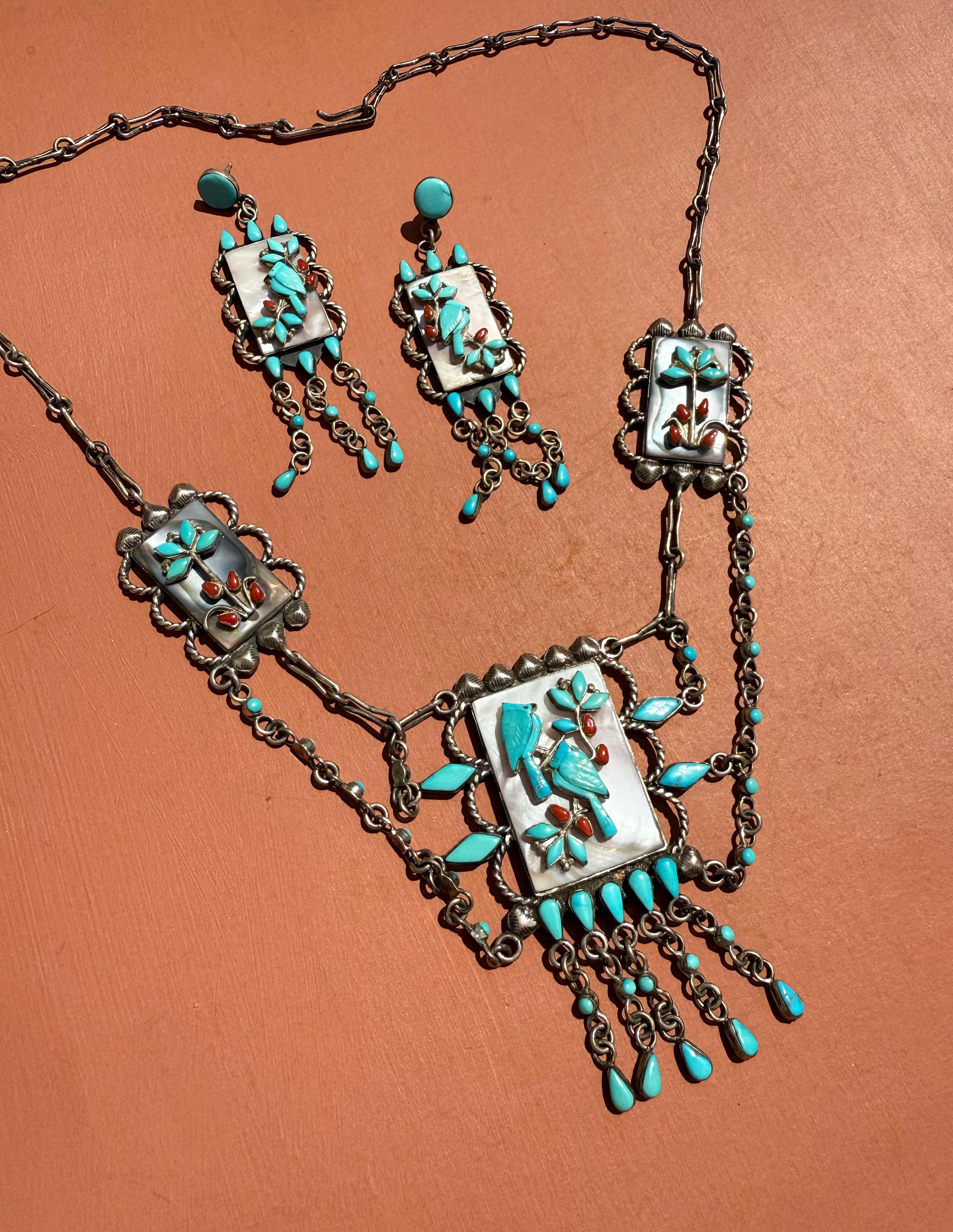 【vintage】Native Jewelry / <No.2676> Zuni Sterling Silver Inlay Jewelry Set | Turquoise Coral MOP Bird