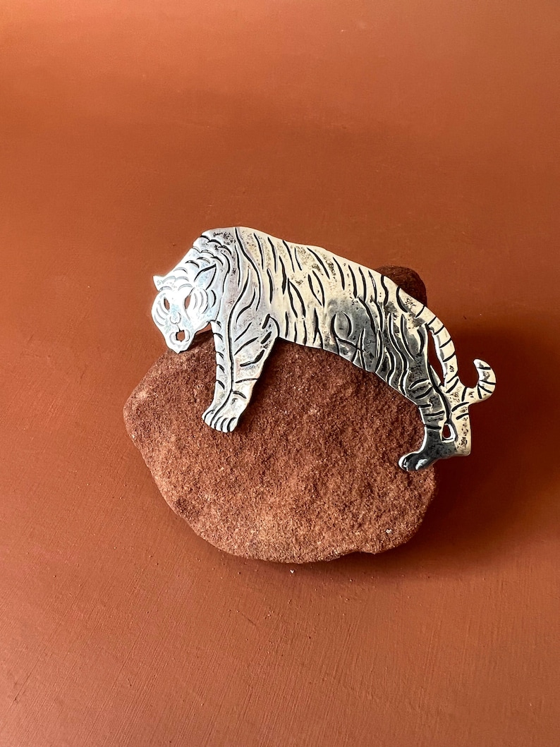 Taxco Sterling Tiger Pin Mexican Silver Tiger Brooch image 1