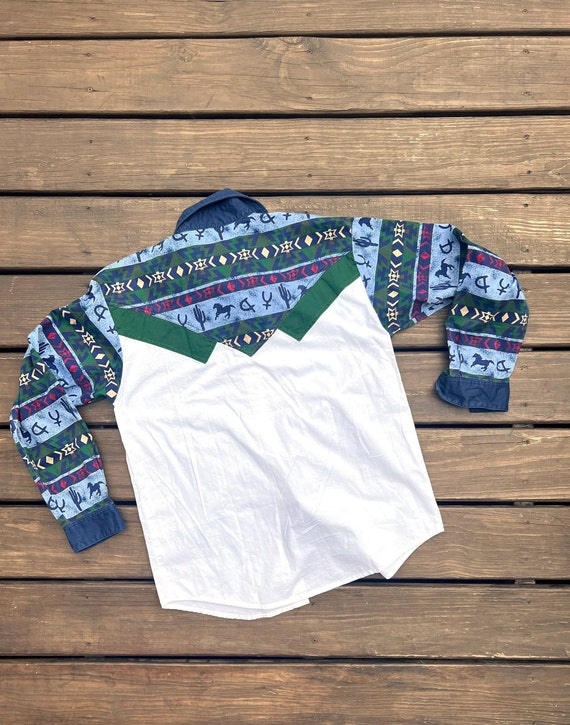 90s Southwestern Shirt with Blue and Green Horse … - image 2