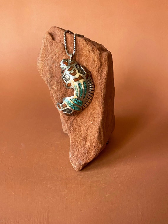 Unique Vintage Native American Zuni Coral Sterling Silver Rainbow Man Necklace Harlan Coonsis Unique Vintage Native American Zuni Coral Sterling Silver Rainbow Man Necklace Harlan Coonsis