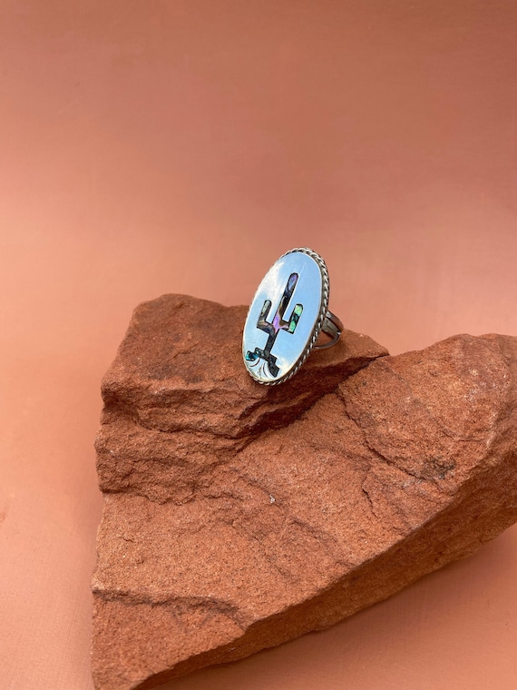 Sterling silver Taxco abalone inlay cactus ring |