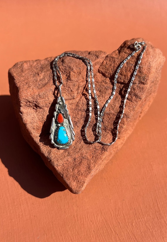 Zuni Vance Cheama Turquoise and Coral Pendant and 