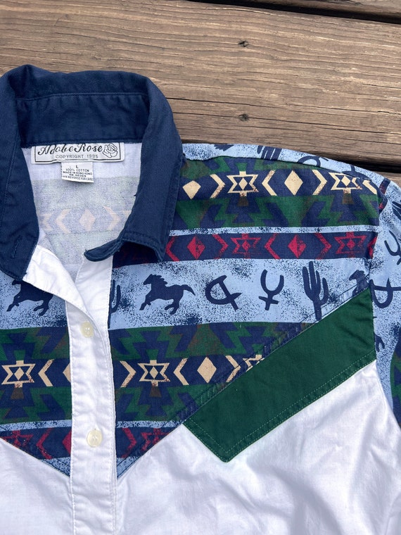 90s Southwestern Shirt with Blue and Green Horse … - image 3