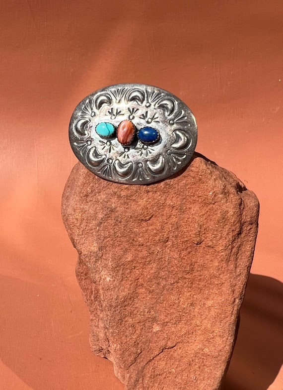 Navajo Stamped Concho Triple Stone Brooch