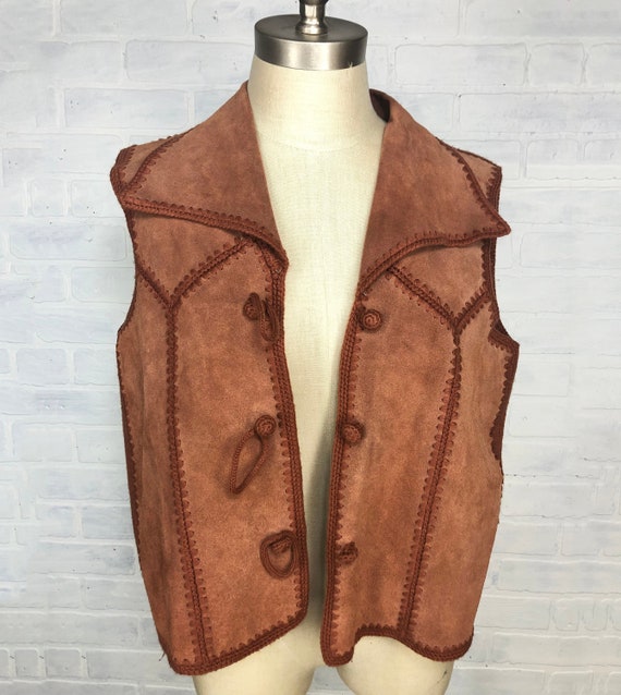 70s Suede Leather crochet vest with wide lapel