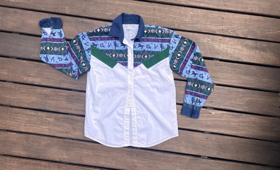 90s Southwestern Shirt with Blue and Green Horse … - image 1