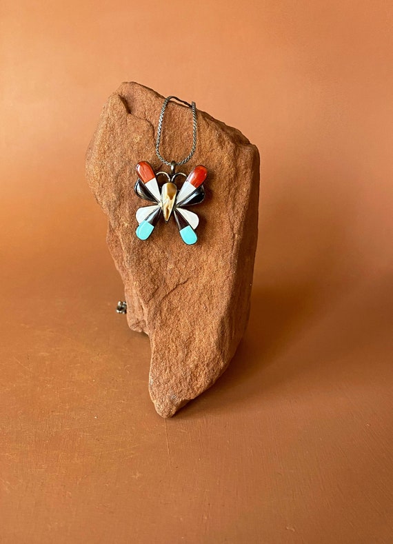 Zuni Butterfly Multi-Stone Inlay Pendant Necklace 