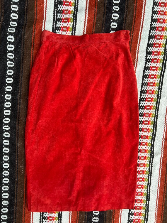 Red Suede Skirt | Vintage Deadstock Bright Red Su… - image 2