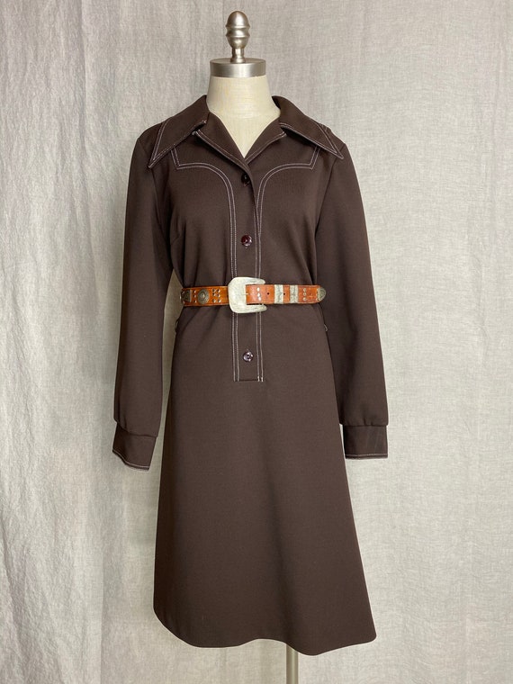 Vintage 1970s Western brown double knit shirt dres