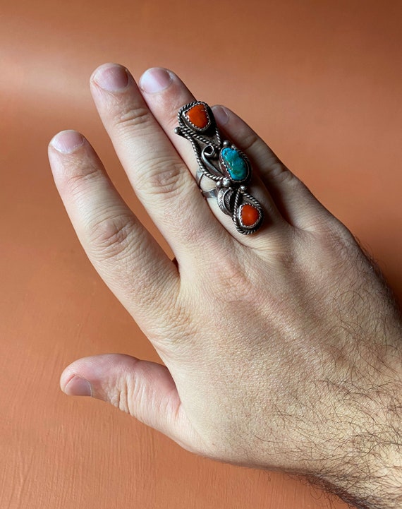 Navajo Long Triple Stone Turquoise and Coral Old … - image 8