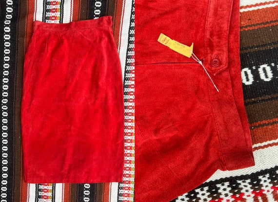 Red Suede Skirt | Vintage Deadstock Bright Red Su… - image 1