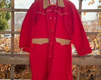 Boone Industries Red Canvas Western Duster Jacket | Vintage Long Chore Coat Barn Jacket