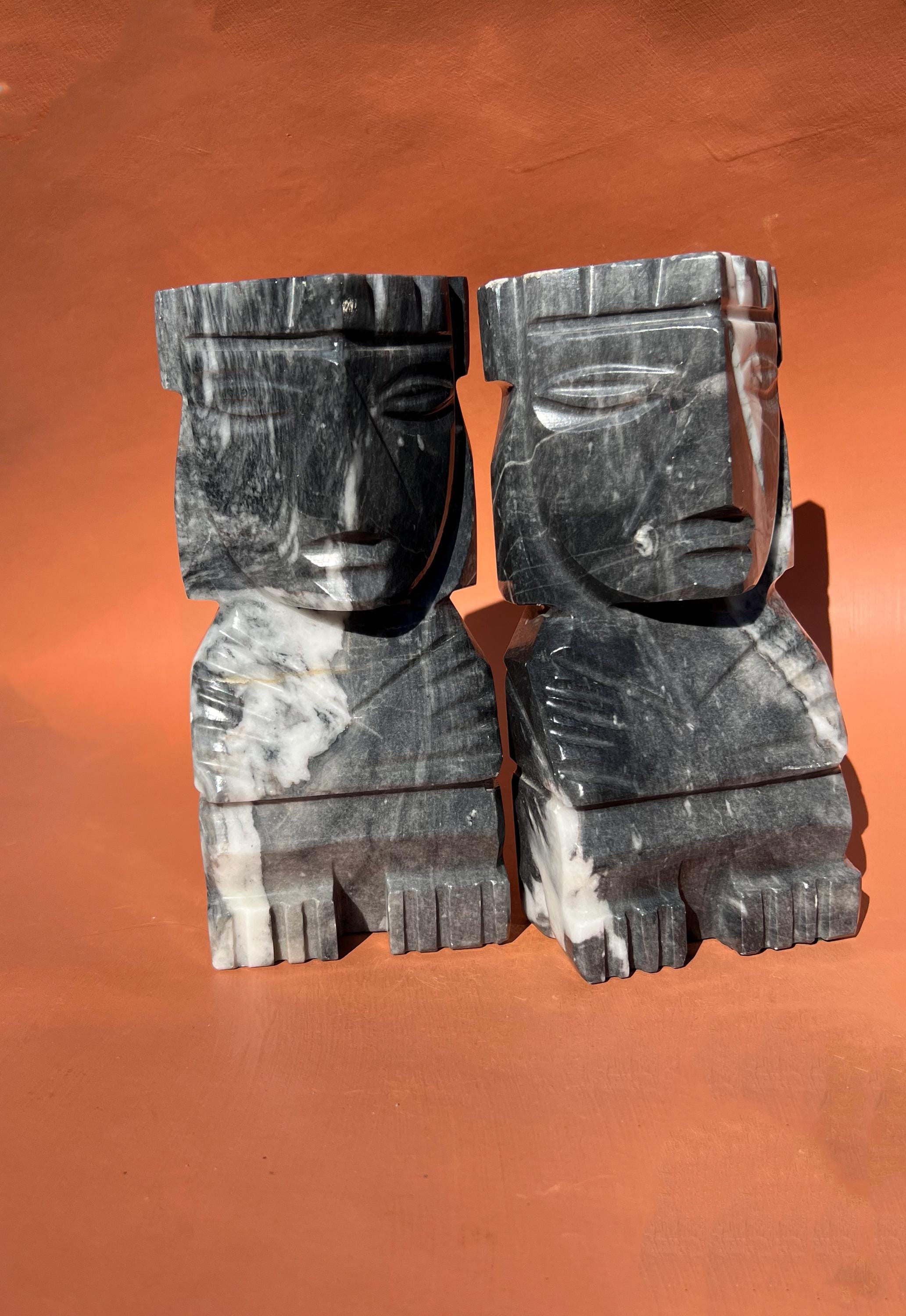 Huge Carved Black Onyx Aztec Bookends | Extra Large Jumbo Black Marbled ...