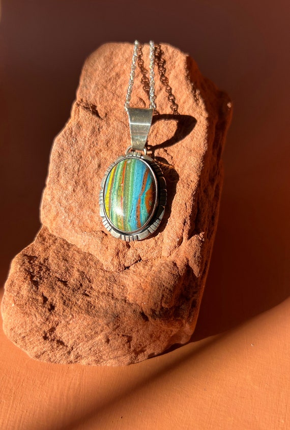 Navajo Rainbow Calsilica Pendant and Sterling Chai