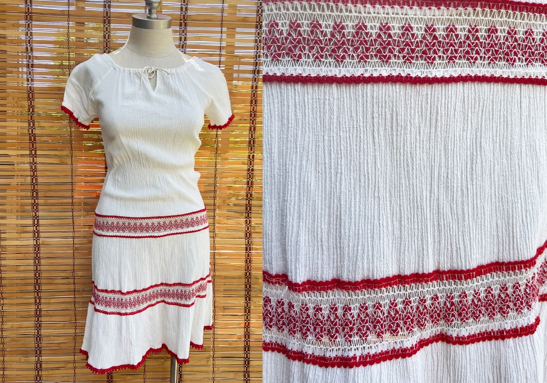 Grecian Gauze Dress With Red Crochet Trim Size S Vintage White Cotton