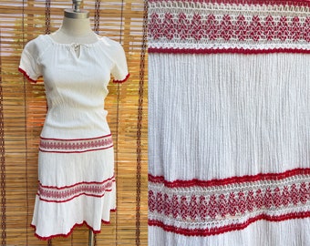 Grecian Gauze Dress with Red Crochet Trim Size S | Vintage White Cotton Dress Made in Greece