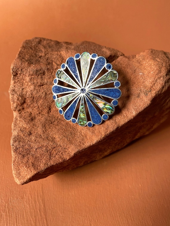 Taxco Sterling Lapis and Abalone Shell Midcentury 