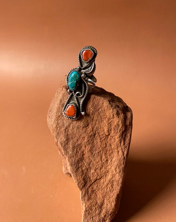 Navajo Long Triple Stone Turquoise and Coral Old … - image 4