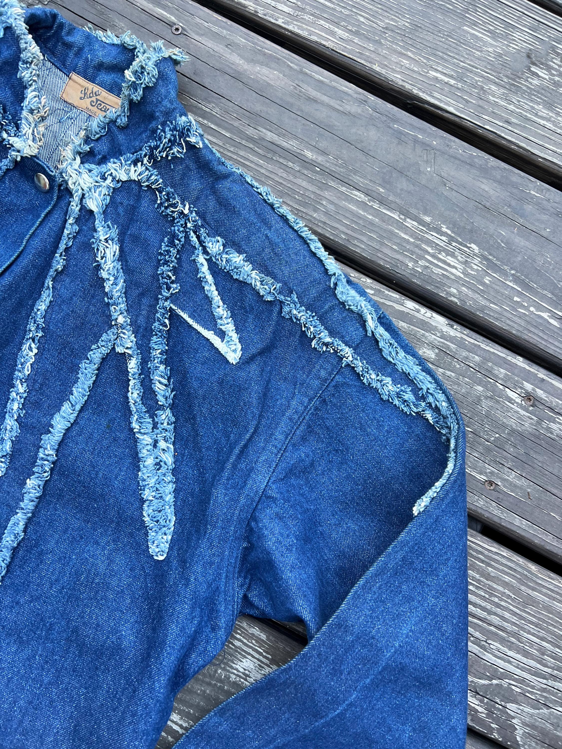 Denim Midi Jacket With Raw Edge Fringe Star Pattern Yoke by