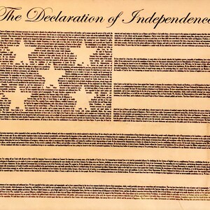 May include: A vintage, yellowed document with the text "The Declaration of Independence" in elegant cursive script. The document is filled with text in a smaller font, outlining the principles of the United States.