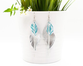 Silver leaf leather earrings, Feather earrings, Zebra pattern jewelry, Daughter silver gift, Teen birthday earring