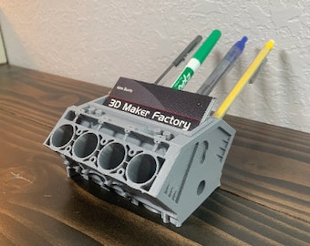 V8 Engine Business Card, Pen, & Pencil Holder, 3D Printed with Plastic